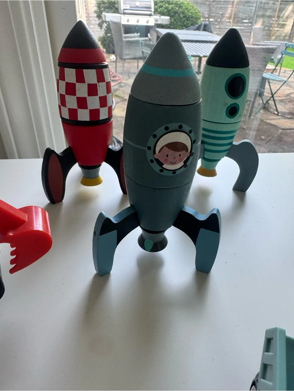 Wooden Yellow and Teal Construction Vehicles & Rocket Playset